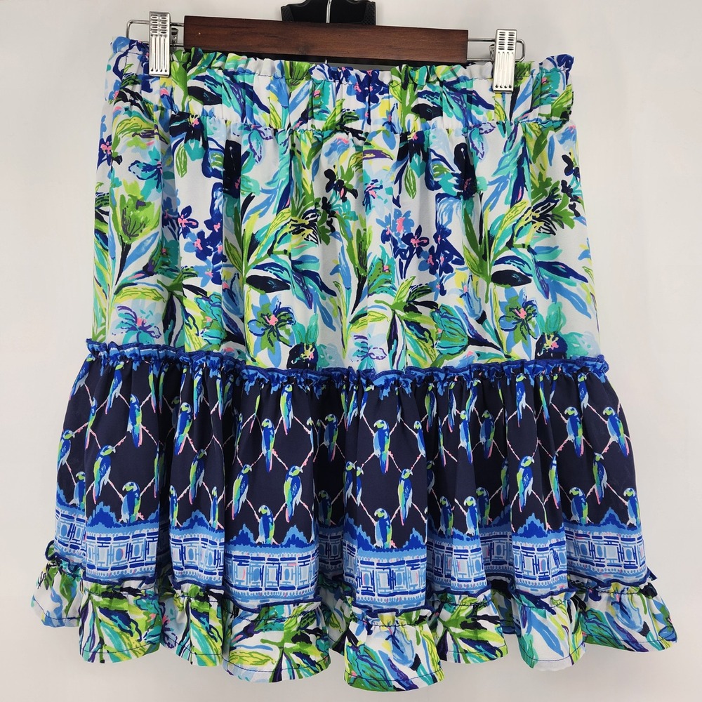 Lilly Pulitzer Womens Large Floral Parrot Tiered Ruffle Mini Skirt Blue Green
